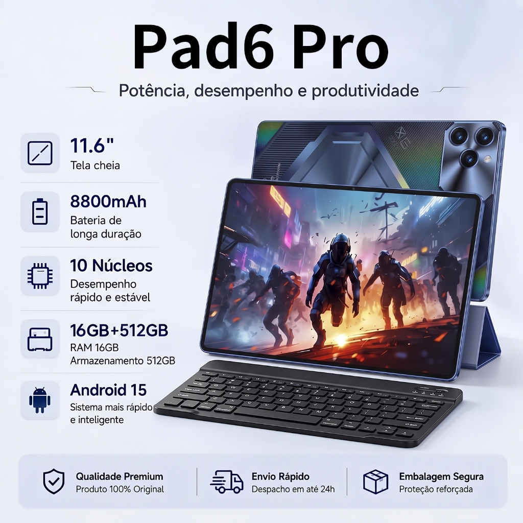 Tablet Tela 11.6 2960×1848 Câmera 24MP+48MP 16GB RAM 512GB ROM Android 15 Wi-Fi Bluetooth