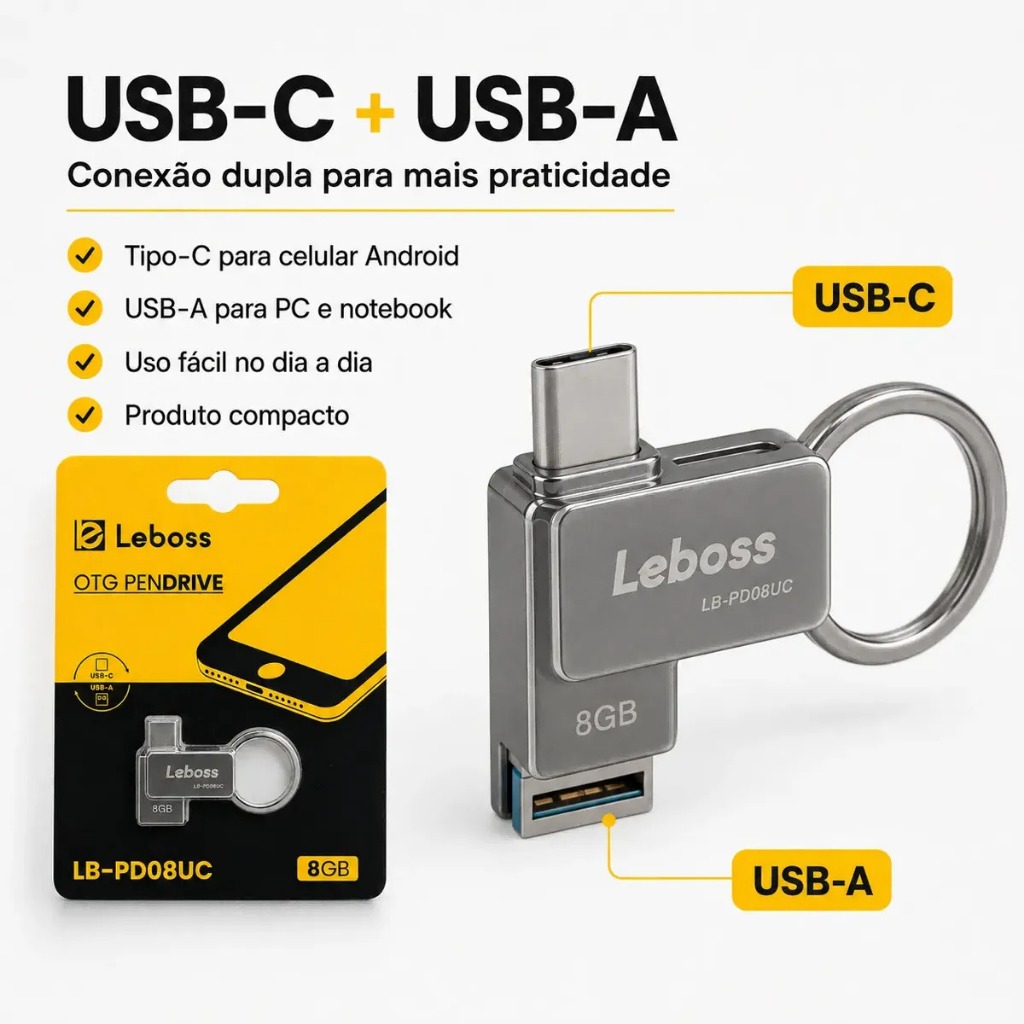 Pendrive OTG 8GB USB-C e USB-A Leboss para celular e pc