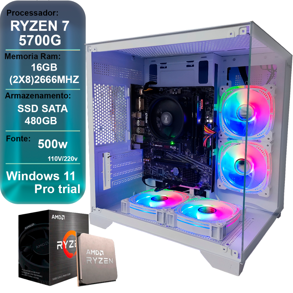 PC GAMER RYZEN 7 5700G, 16GB DDR4, SSD 480GB, VEGA 8, AQUARIO BRANCO