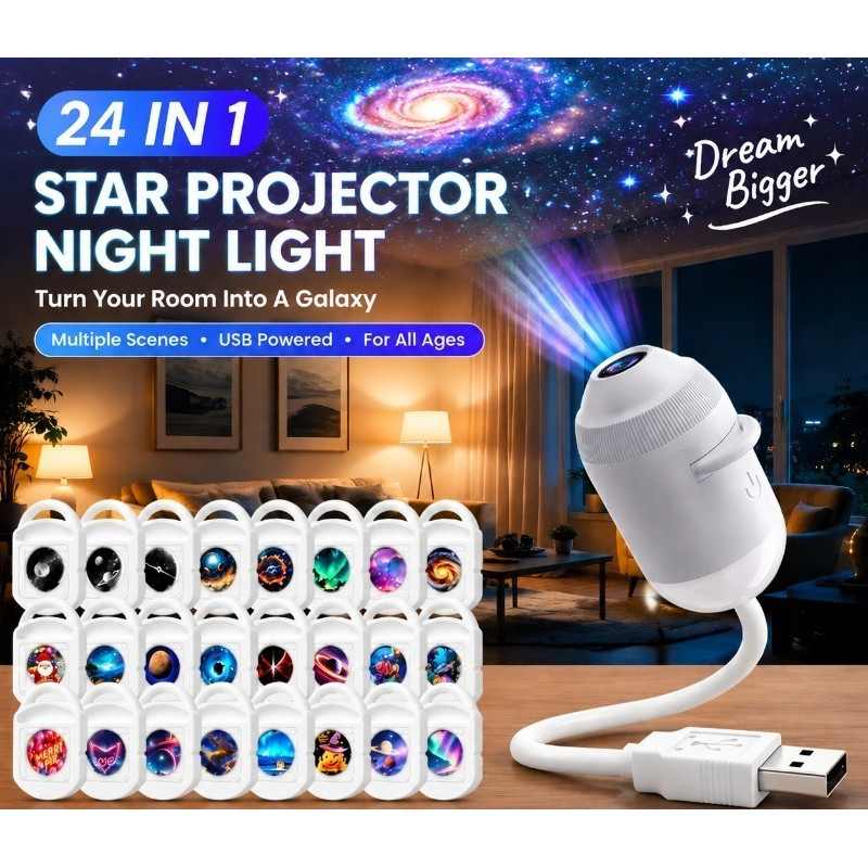 Projetor de Galáxias 2 em 1, Luz Noturna 5D Holográfica, Projetor Plug and Play, Projetor de Estrelas HD 360 Graus °