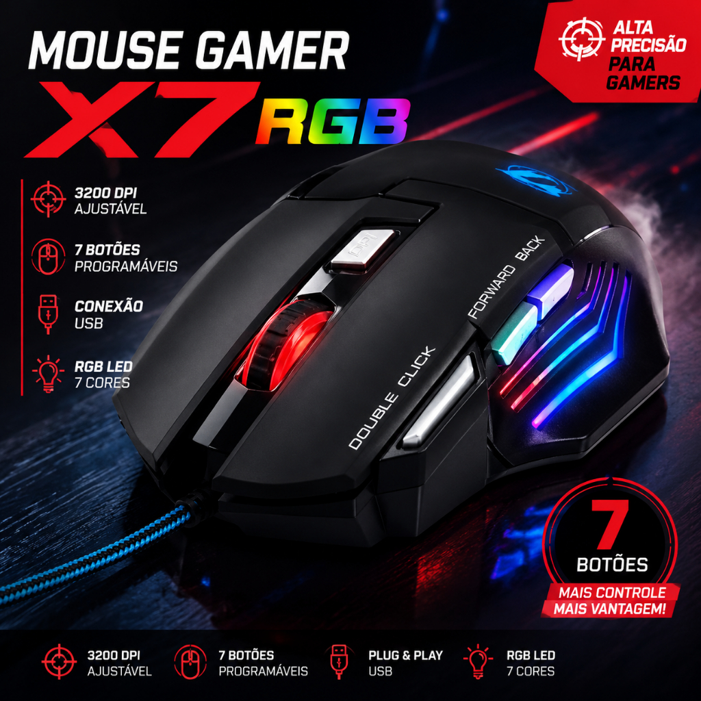 Mouse Gamer X7 RGB USB 7 Botões 3200 DPI Alta Precisão Gamer PC