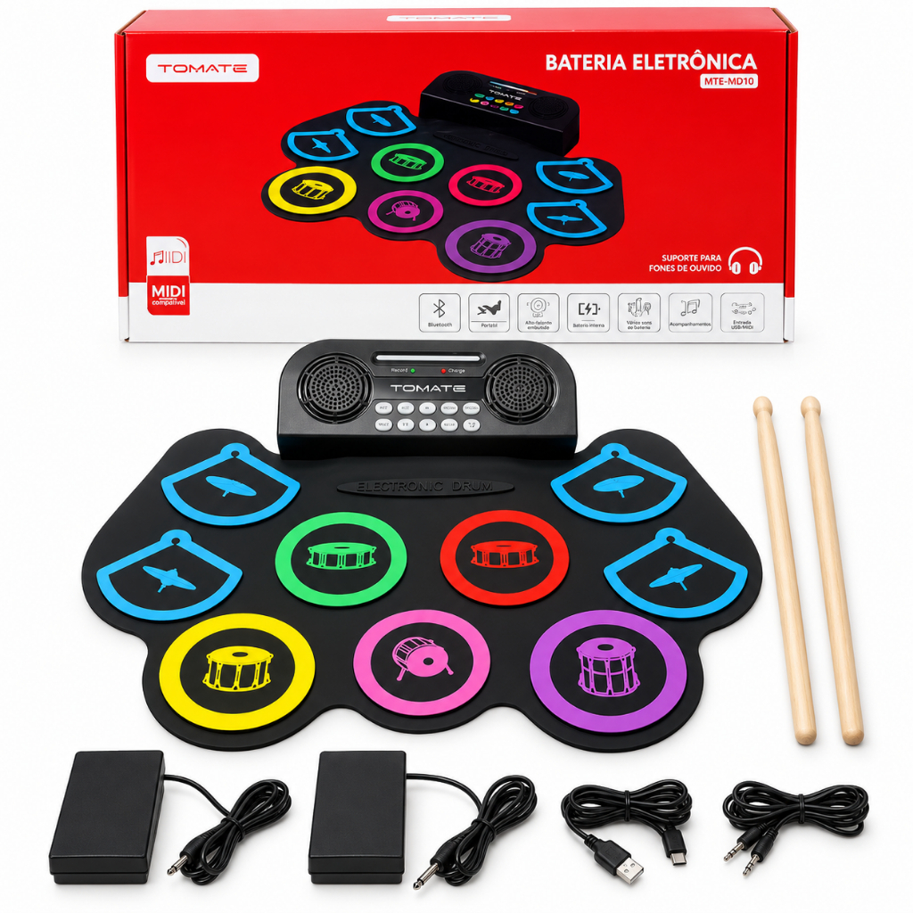 Bateria Eletrônica Portátil com Bluetooth – Recarregável – Dobrável – Som Hi-Fi