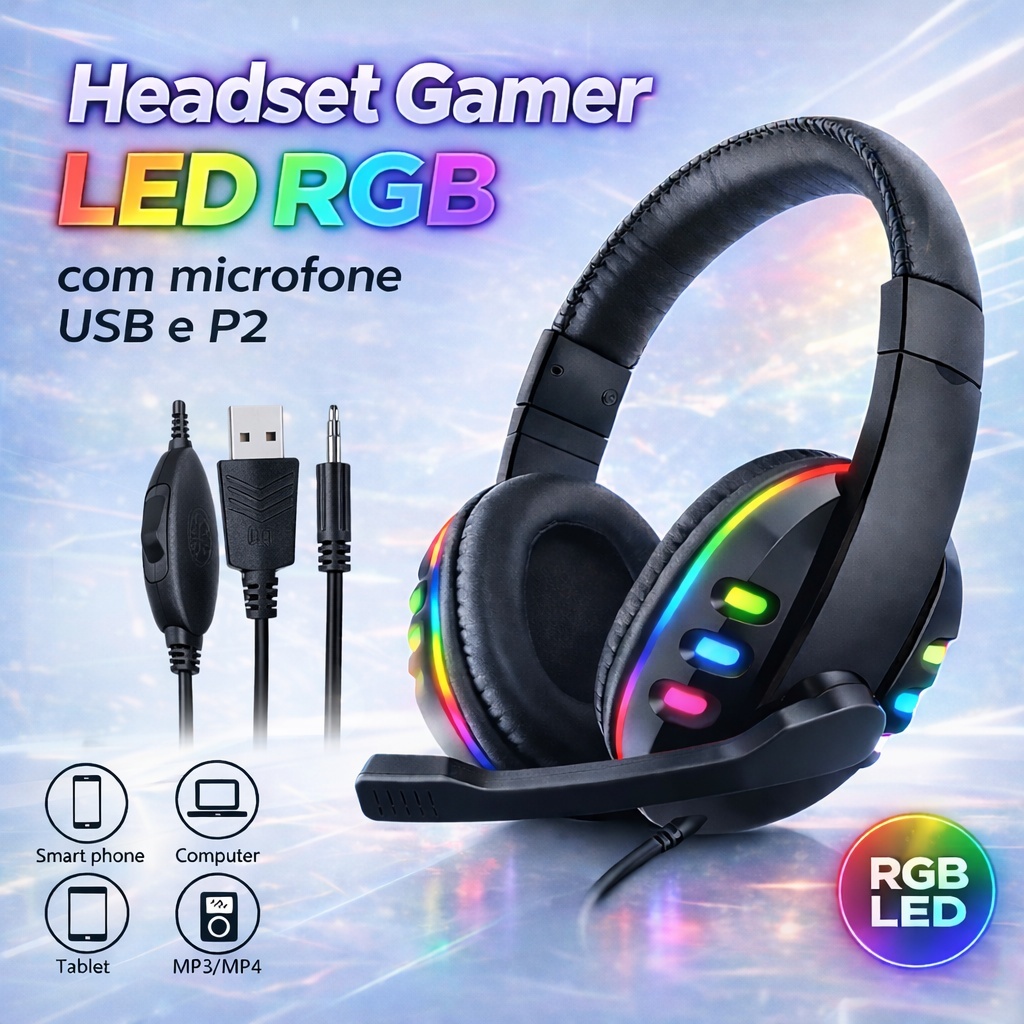 Headset Gamer RGB com Microfone USB e P2 para PC Computador Videogame Headphone Headset Gamer RGB com Microfone USB e P2 para PC Computador Videogame Headphone