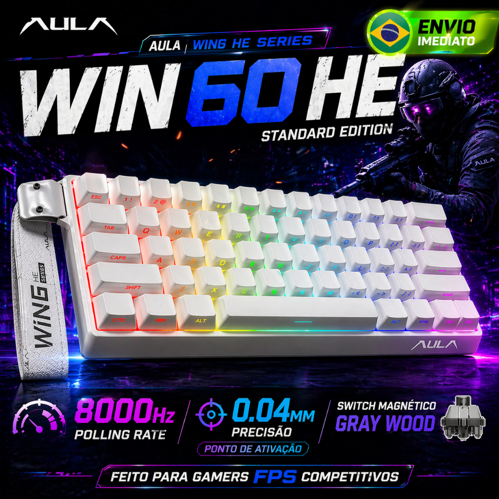 AULA WIN 60HE Teclado Mecânico Gamer Magnético, 60%, Magnético, 8000HZ, Ativação em 0.04mm, RGB