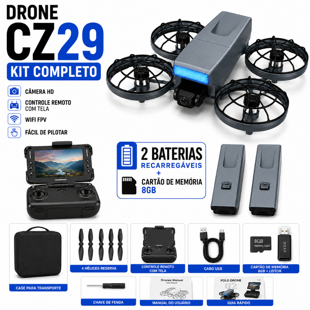 Drone CZ29 com 2 Câmeras HD Controle com Tela Integrada 2 Baterias Alcance 700m Fácil de Pilotar