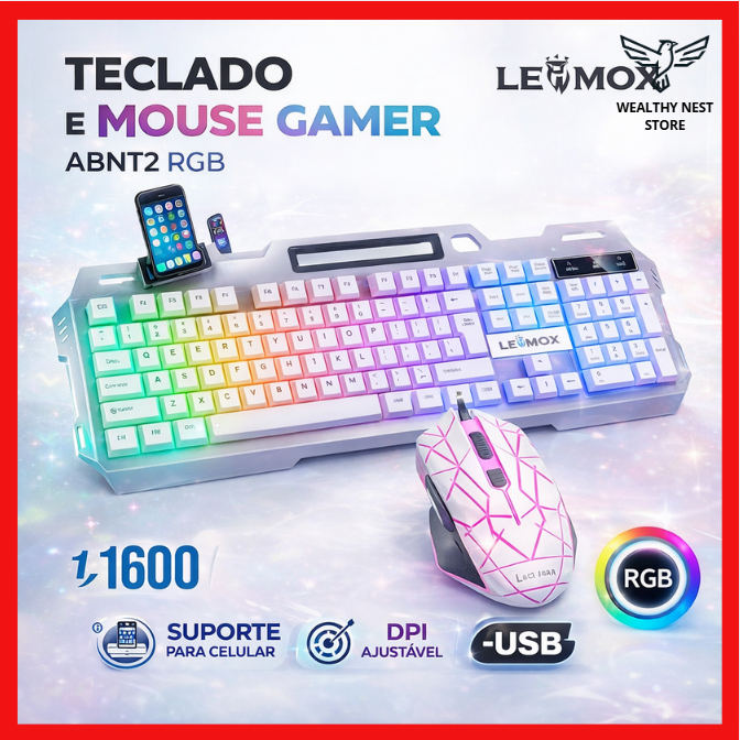 Kit Gamer Teclado Semi-Mecânico Metal RGB + Mouse LED com Suporte para Celular Prático– LEY-2078