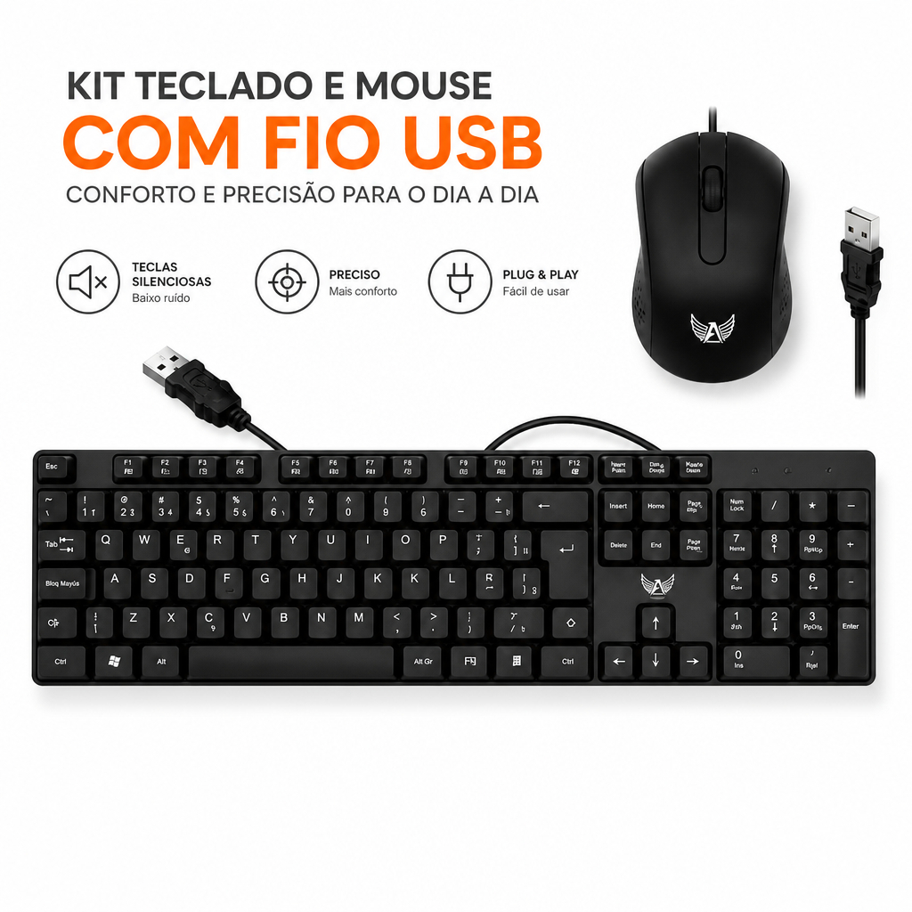 Kit Teclado e Mouse USB Com Fio Silencioso Confortável para PC Notebook e Computador