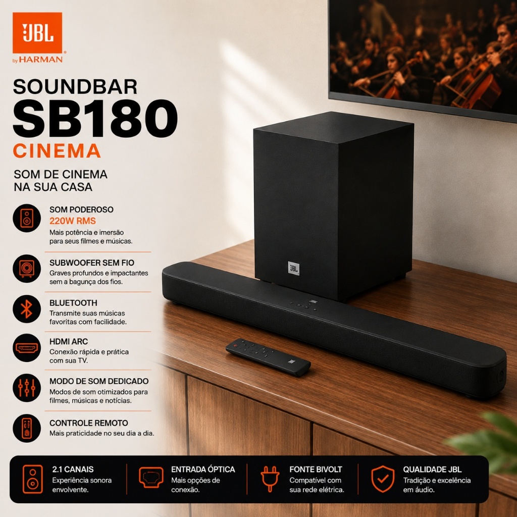 Soundbar JBL Cinema SB180 2.1 Canais 220W RMS Bluetooth com Subwoofer e HDMI ARC Soundbar JBL Cinema SB180 2.1 Canais 220W RMS Bluetooth com Subwoofer e HDMI ARC