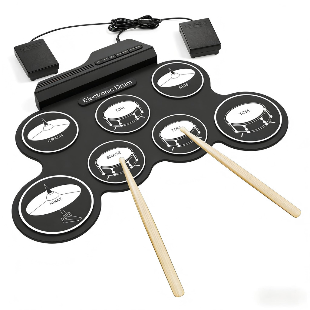 Bateria Eletrônica de Silicone Portátil Recarregável USB, 7/9 Almofadas, para Crianças e Iniciantes