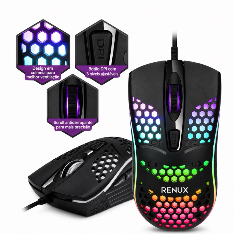 Mouse Gamer RGB Renux 3000 DPI USB LED Colorido Gamer Profissional Para PC Notebook Alta Precisão Com Fio Mouse Gamer RGB Renux 3000 DPI USB LED Colorido Gamer Profissional Para PC Notebook Alta Precisão Com Fio