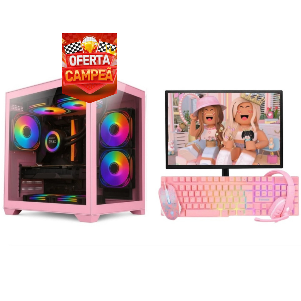 PC Gamer Rosa Pink Completo Teclado Mouse Headset Rosa Roblox Free fire