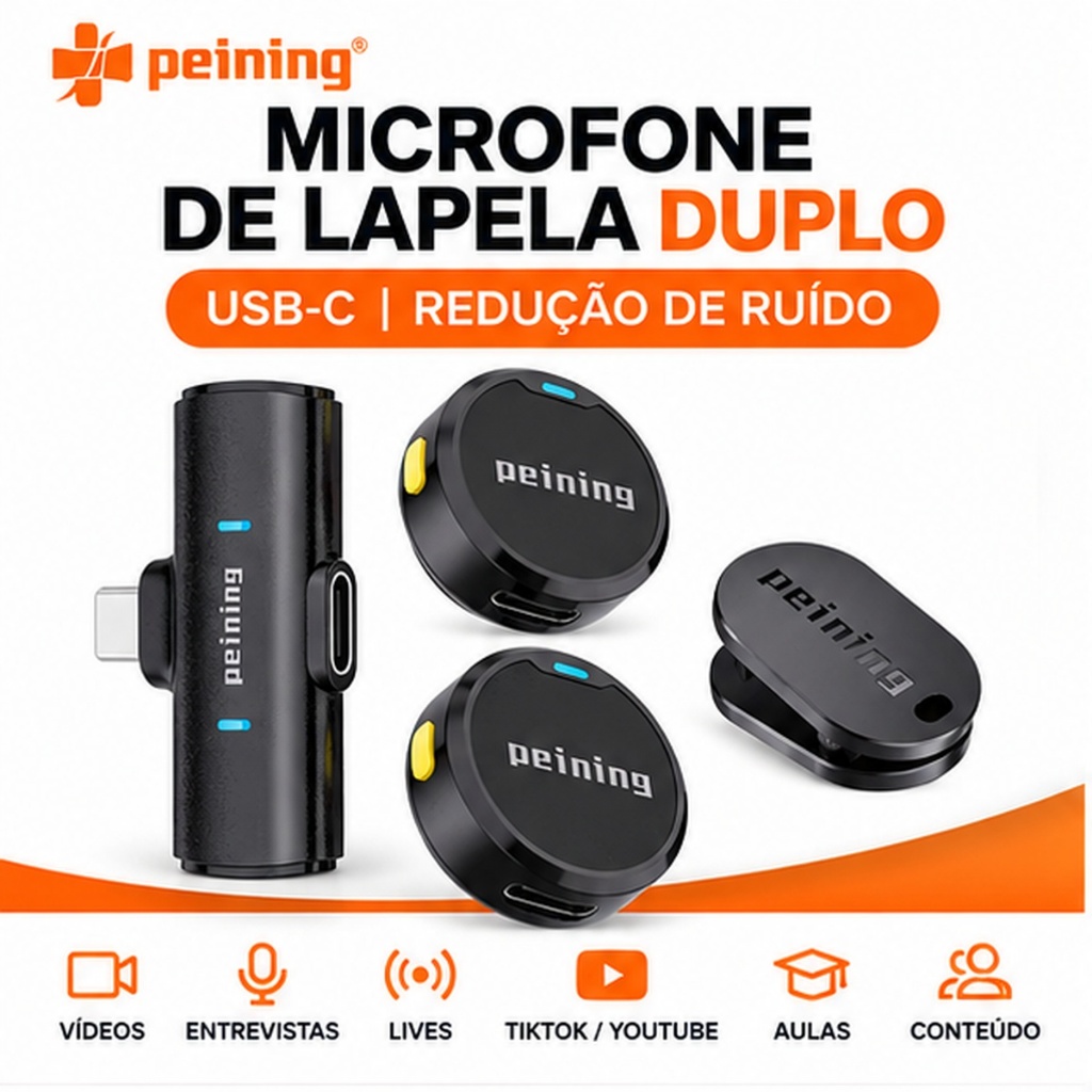 Microfone Lapela Sem Fio Duplo Peining MKF16-C USB-C Magnético Redução de Ruído Microfone Lapela Sem Fio Duplo Peining MKF16-C USB-C Magnético Redução de Ruído