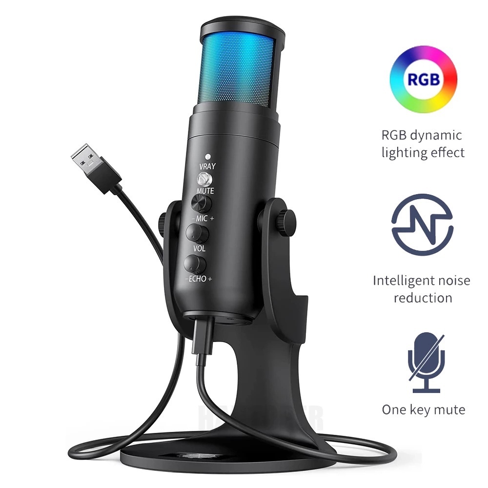 Microfone Condensador USB Com Suporte-Monitor Em Tempo Real Redução De Ruído Para Streaming De Jogos PC Microfone Condensador USB Com Suporte-Monitor Em Tempo Real Redução De Ruído Para Streaming De Jogos PC