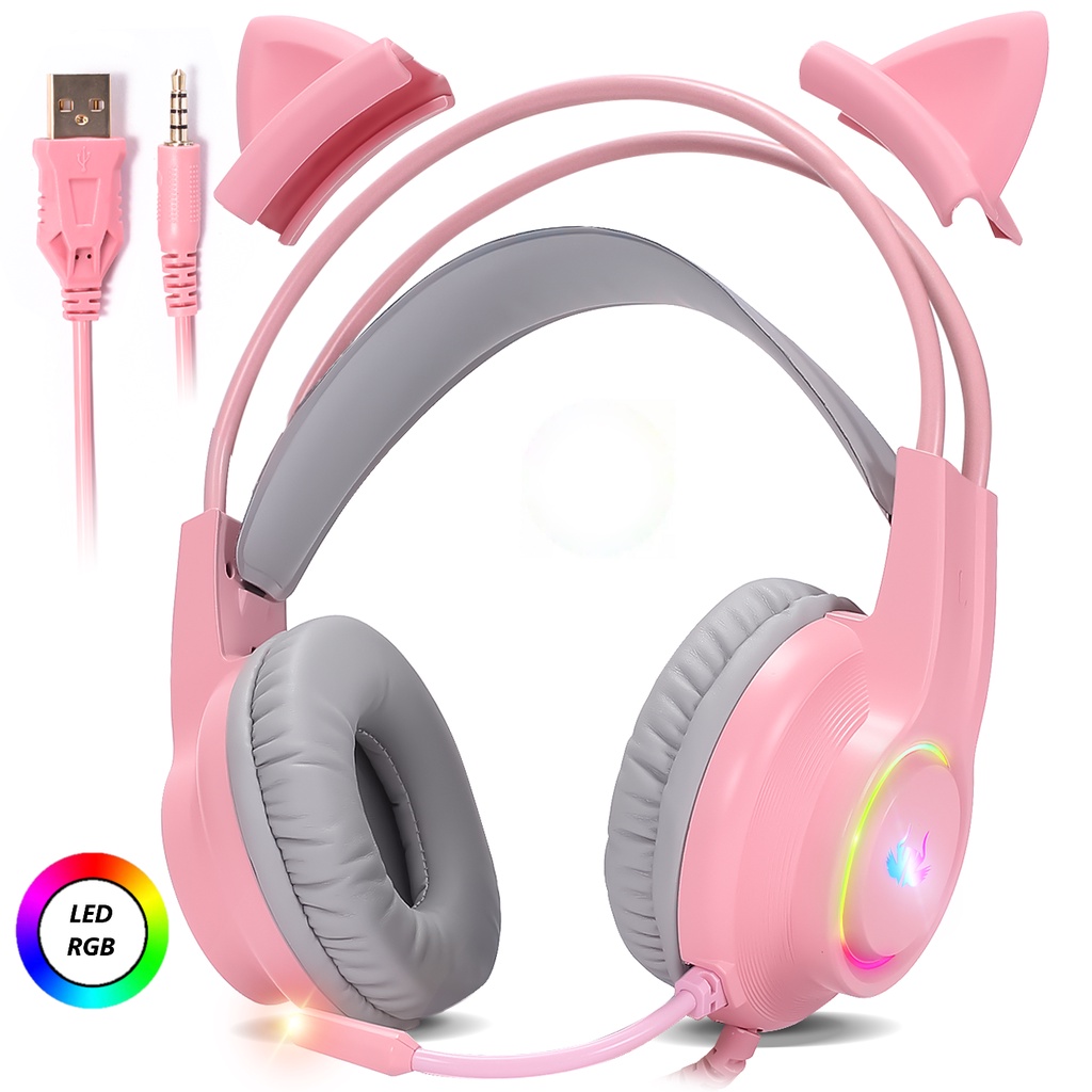 Headset Gamer Orelha De Gato Rosa com Microfone Led Rgb Usb P2 Xbox Ps4 Ps5 Pc Celular Audio 3d
