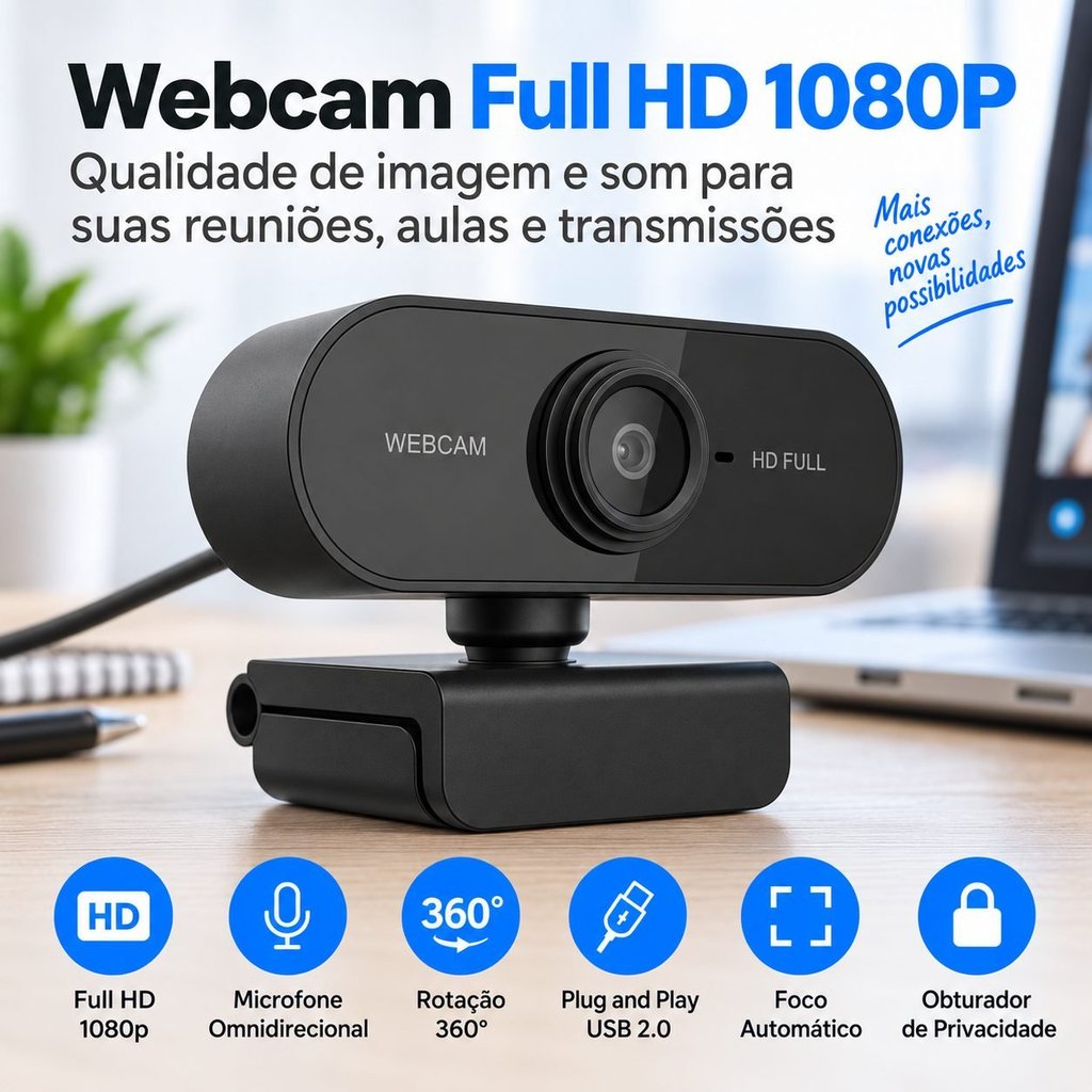 Webcam Full HD 1080p 2MP USB Plug and Play com Microfone Embutido