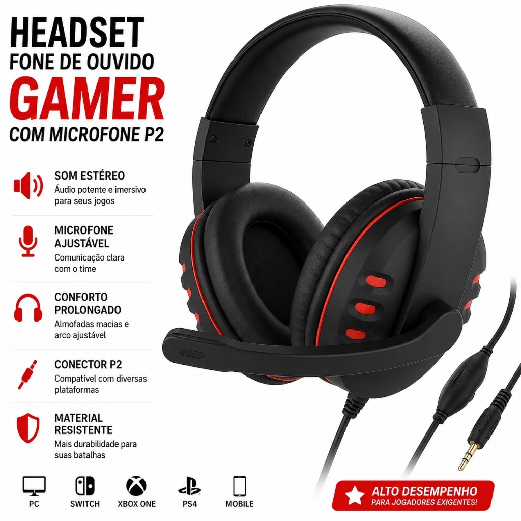 Headset Fone De Ouvido Gamer Com Microfone P2 Para PC Computador Headphone Videogame Celular