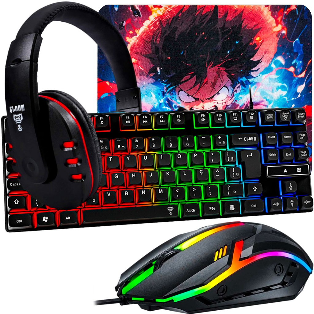 Kit Gamer RGB com Teclado Semi Mecânico, Mouse 1200 DPI e Headset com Microfone Kit Gamer RGB com Teclado Semi Mecânico, Mouse 1200 DPI e Headset com Microfone