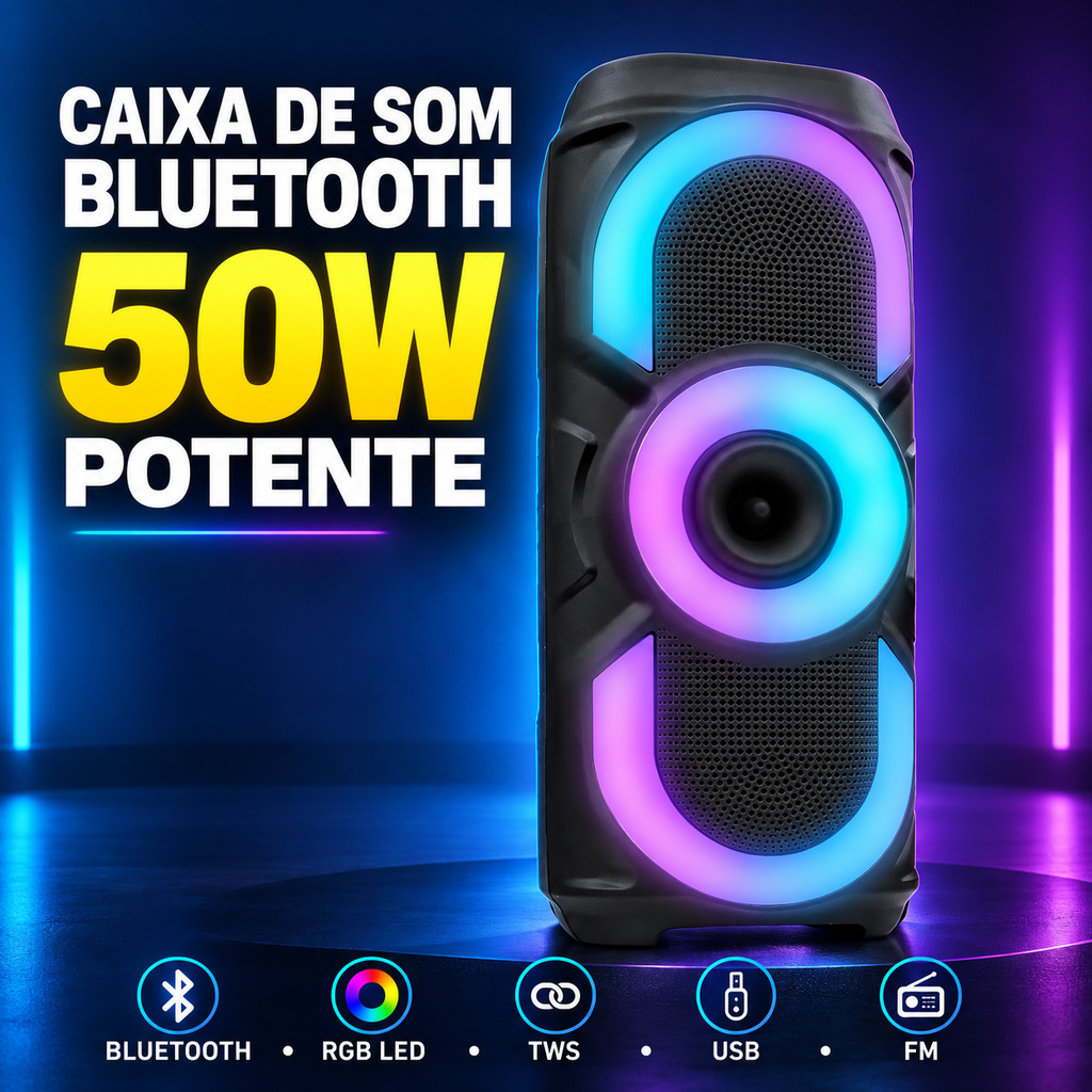 Caixa de Som Bluetooth Portátil 50W com LED RGB, TWS, Rádio FM e USB – Som Potente Caixa de Som Bluetooth Portátil 50W com LED RGB, TWS, Rádio FM e USB – Som Potente