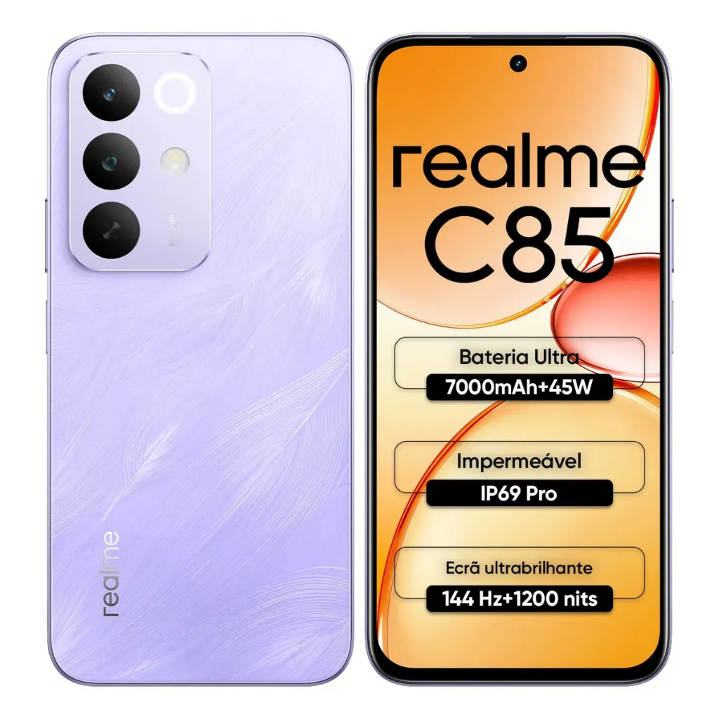 Smartphone Realme C85 5G 8GB/256GB - Tela 144Hz 6.8" com Câmera 50MP e NFC - RMX5566 Roxo