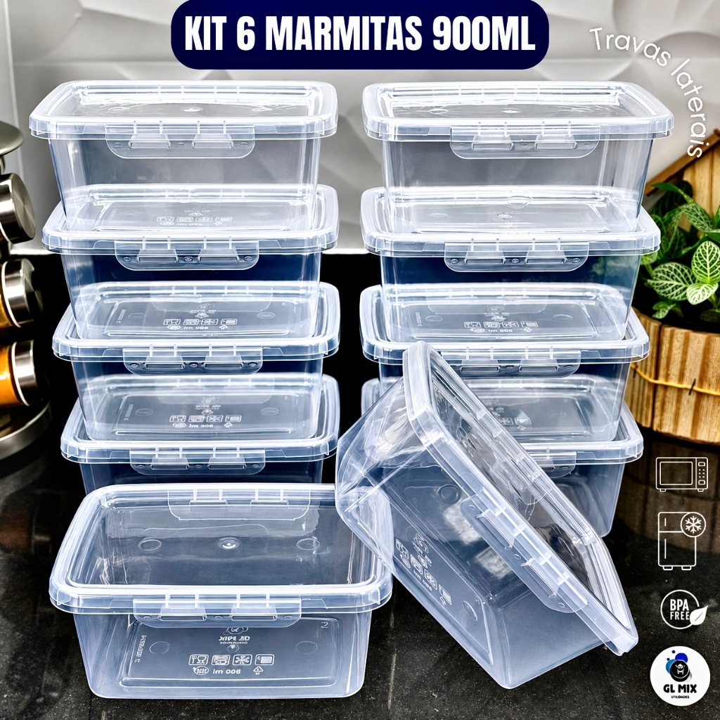 Kit 6 Marmitas com Travas 900ml BPAFREE Pote Plástico Freezer Microondas Fitness Refeição e Alimento
