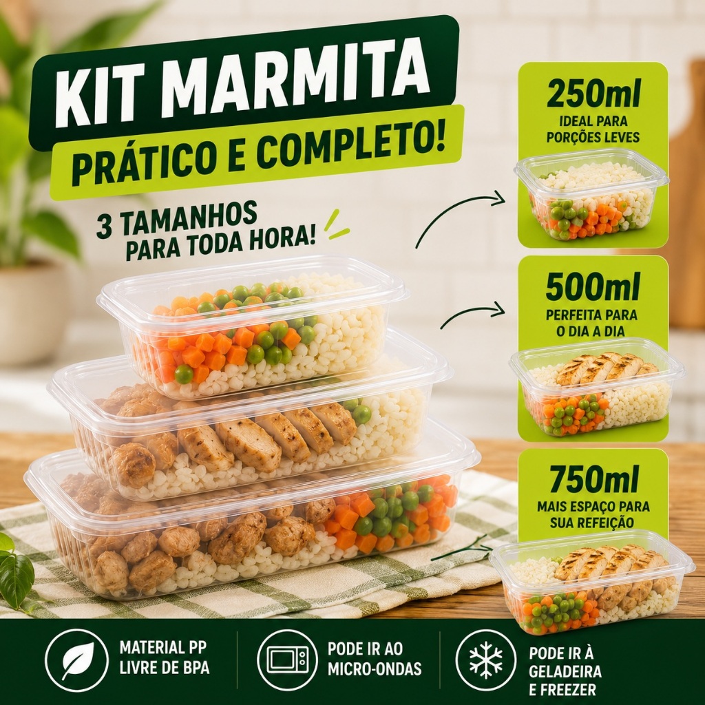 24 Und Kit Marmita com Tampa 250ml 500ml 750ml Pote Plástico Freezer Microondas Fit