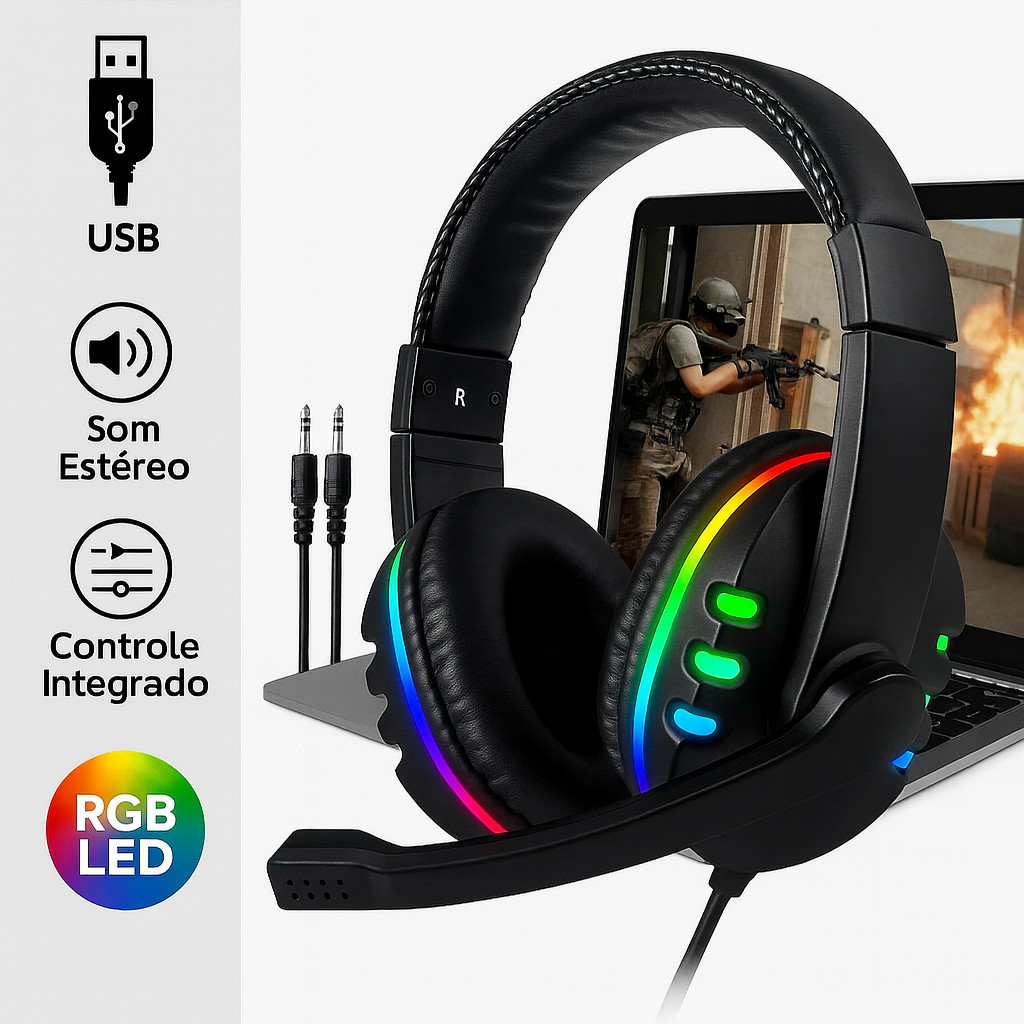 Fone de Ouvido Gamer Led RGB Headset com microfone USB e P2 Para PC Celular Computador Headphone