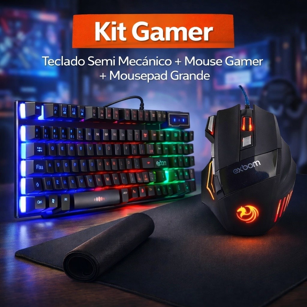 Kit Gamer RGB Teclado Semi Mecânico + Mouse 3200 DPI + Mousepad Grande 70x35