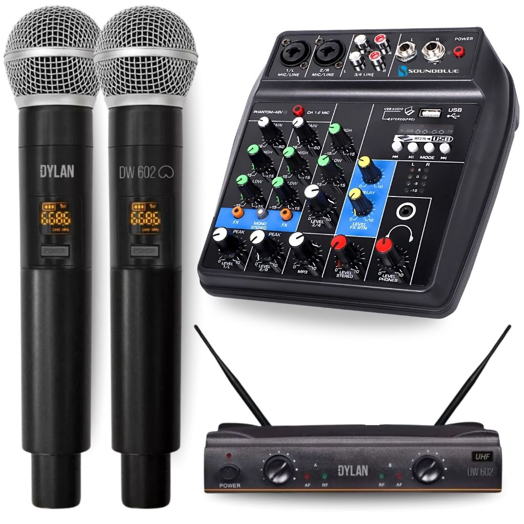 Kit Console Mesa Som 4 Canais Bluetooth Midi Usb Mixer Combo Efeitos + Microfone Dylan Duplo S/ Fio Cardiode Dinamico Kit Console Mesa Som 4 Canais Bluetooth Midi Usb Mixer Combo Efeitos + Microfone Dylan Duplo S/ Fio Cardiode Dinamico