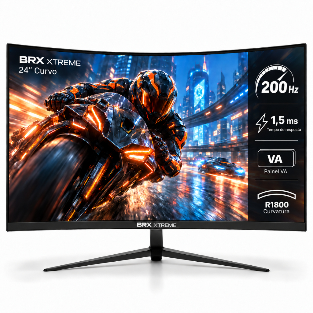 Monitor Gamer Curvo 24 200Hz BRX Xtreme Full HD Frameless Painel VA R1800 HDMI DisplayPort Preto Bivolt