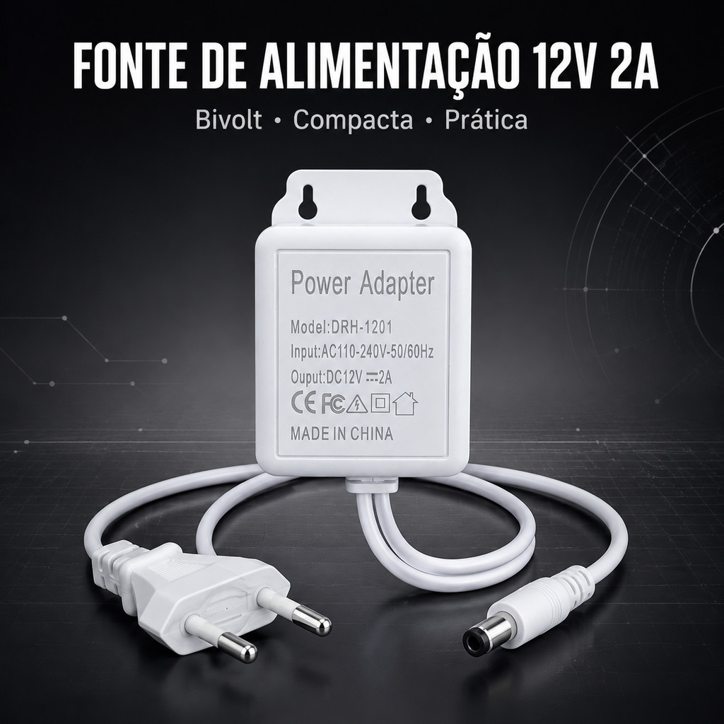 Fonte de Alimentação 12V 2A Bivolt 110V 220V Adaptador AC/DC Conector DC Branco Fonte de Alimentação 12V 2A Bivolt 110V 220V Adaptador AC/DC Conector DC Branco