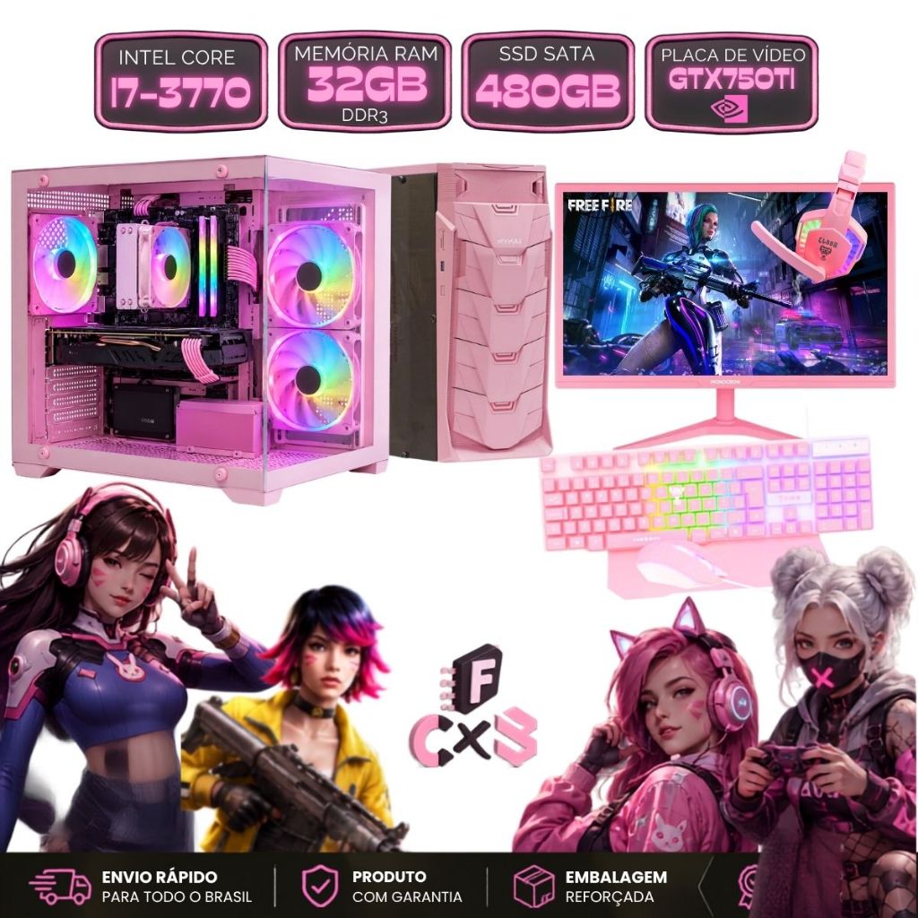 Computador Gamer Rosa Completo CPU I7-3770, RAM 32gb + SSD 480gb + GTX750 4GB + Monitor Rosa + Combo Gamer