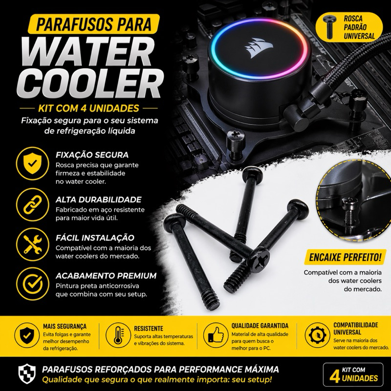 Parafusos para Water Cooler PC | Kit com 4 Unidades | Fixação Radiador / Cooler