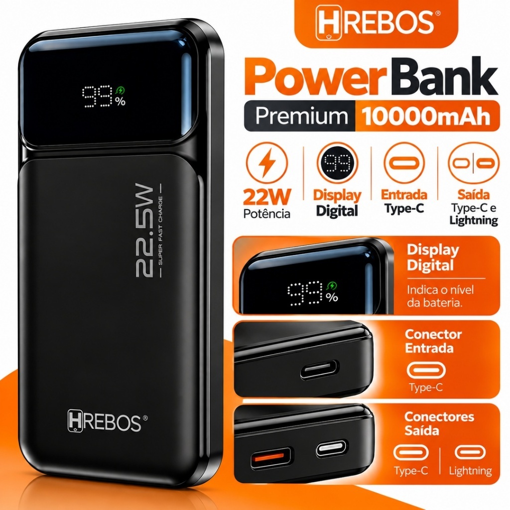 Carregador Portátil Power Bank 10000mah Turbo Rápido Forte 22.5w Com cabos embutidos Power Bank com visor digital.