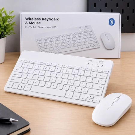 Kit Teclado e Mouse Sem Fio Bluetooth para Tablet Branco