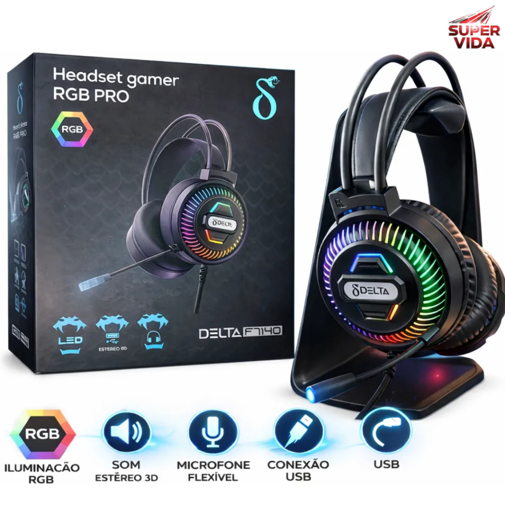 Headset Gamer 7.1 Surround Rgb Delta-f7140 Com Microfone Para Pc E Console Headset Gamer 7.1 Surround Rgb Delta-f7140 Com Microfone Para Pc E Console