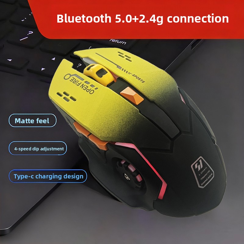 Mouse gamer sem fio dual-mode amarelo e preto, modo duplo Bluetooth + 2.4G, mouse recarregável com conector tipo C,