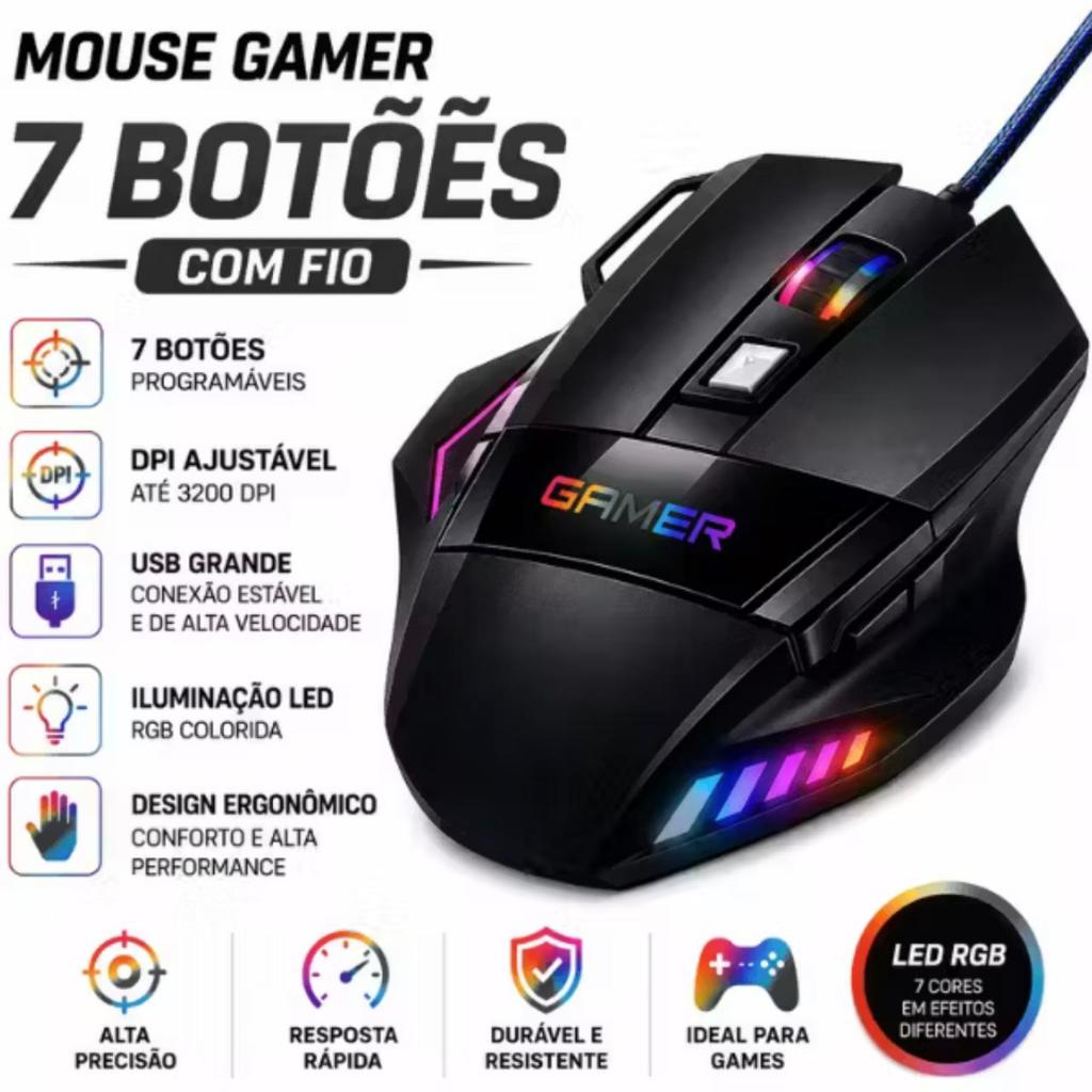 MOUSE GAMER COM FIO 7 BOTOES E 3 BOTOES MAUSE COM LED RGB 2.400 DPI ÓPTICO ILUMINAÇÃO COLORIDA PARA JOGOS VIDEO GAMERS