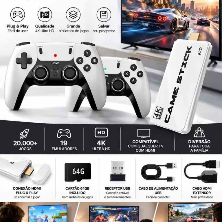 Console Videogame Game Stick Retrô 4K Ultra HD 64GB com Mais de 20.000 Jogos, 19 Emuladores e 2 Controles Sem Fio para T
