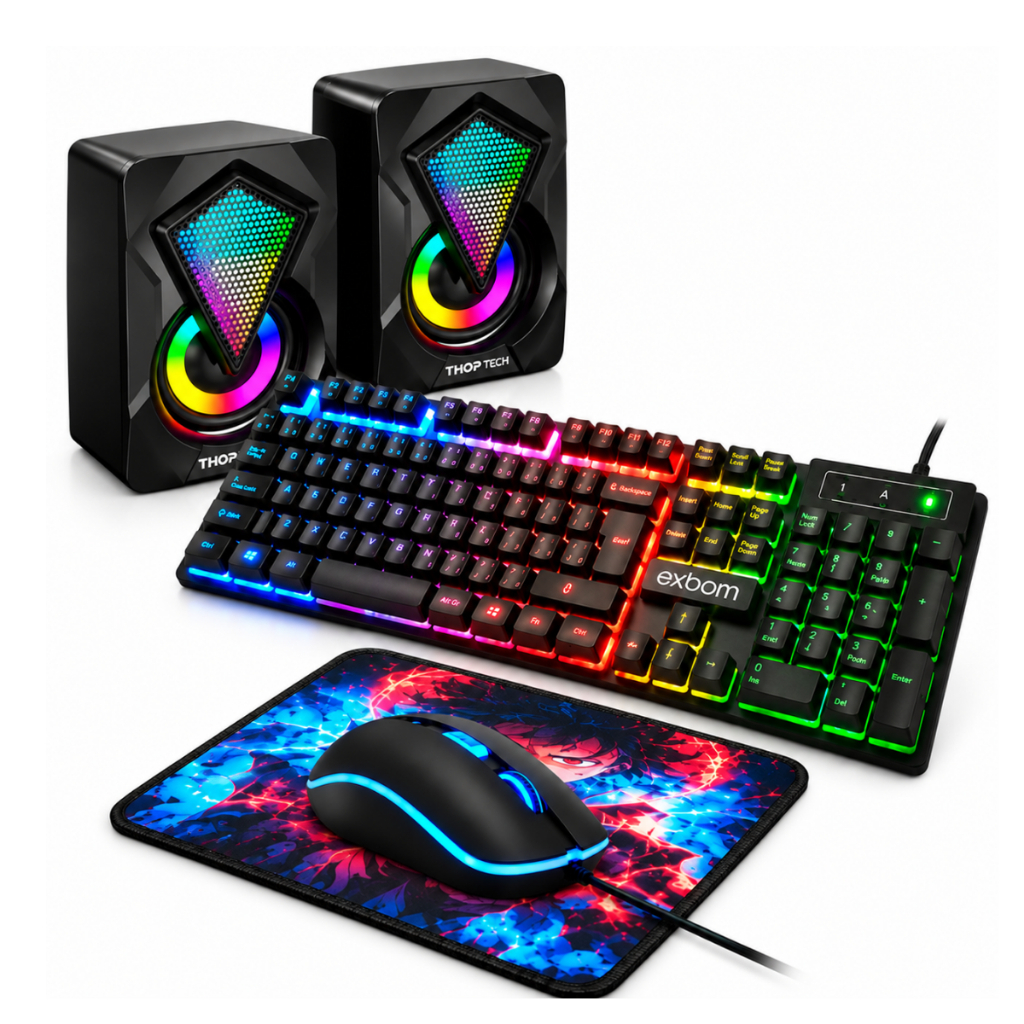 Kit Teclado Gamer Rgb ABNT + mouse Gamer 2400 Dpi ajustavel + Caixa de Som + Mouse Pad Kit Teclado Gamer Rgb ABNT + mouse Gamer 2400 Dpi ajustavel + Caixa de Som + Mouse Pad