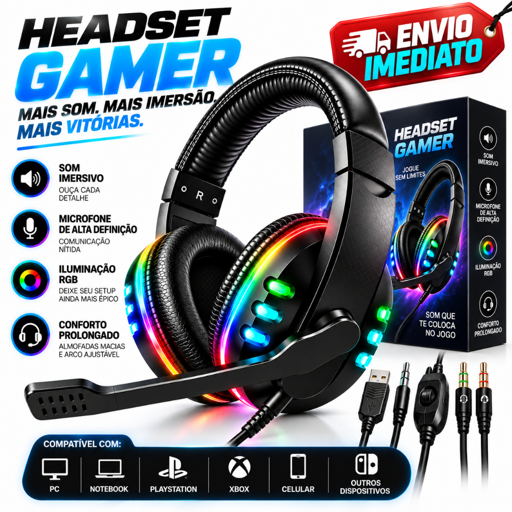 Headset Gamer P2 P/ PC PS3 PS4 PS5 XBOX Celular Notebook Microfone Anti Ruido USB Led RGB