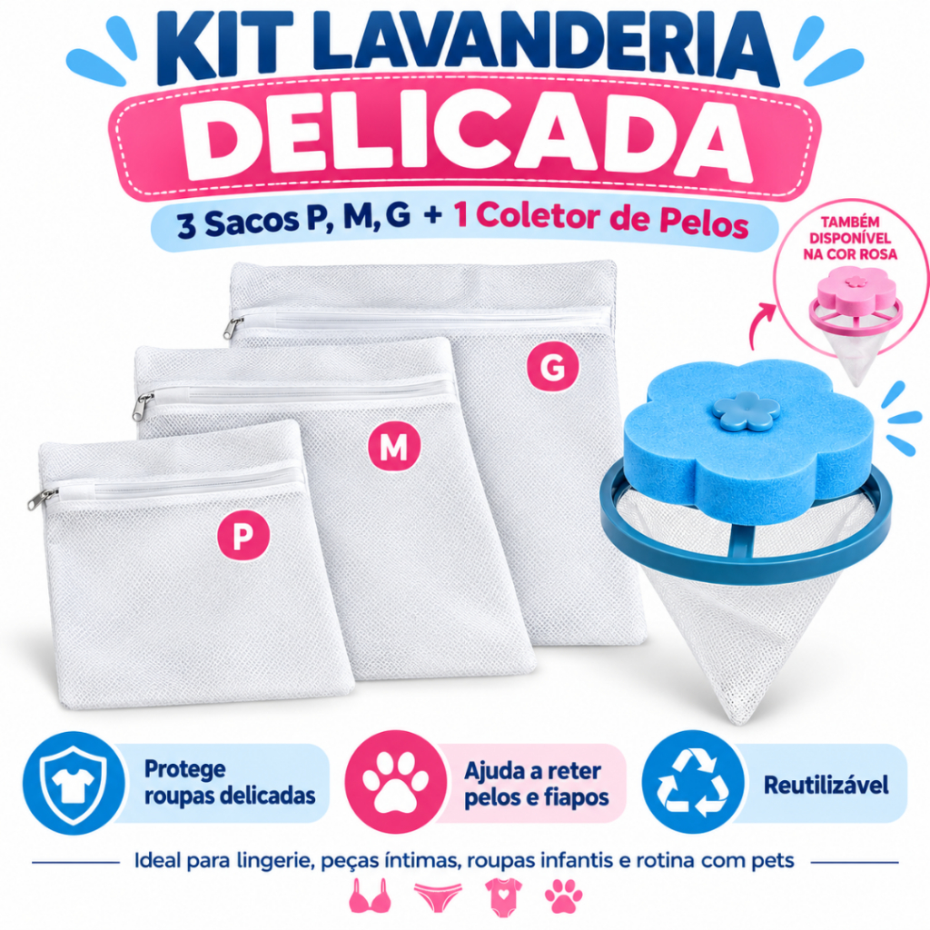 Kit Lavanderia 3 Sacos Para Lavar Roupas Delicadas P M G e Coletor Tira Pelos e Fiapos Máquina de Lavar