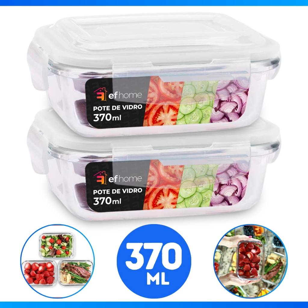 Kit 2 Pote de Vidro Hermético Borossilicato 370ml Marmita Fitness Freezer Microondas