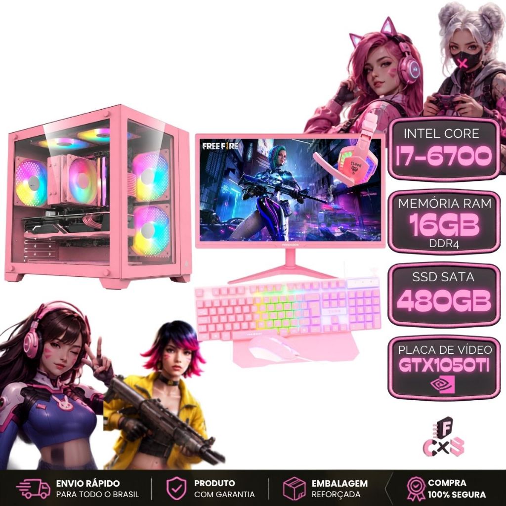 Pc Gamer Rosa Completo CPU i7-6ª + RAM 16gb + SSD 480gb + GTX1050Ti 4gb + Monitor 19" + Combo Gamer Rosa