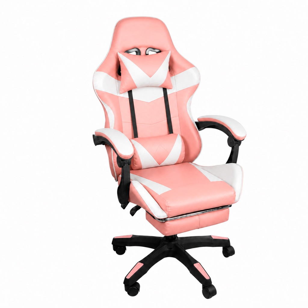 Cadeira Gamer Stillus Reclinável 120° com Apoio para os Pés, Apoio para Cabeça e Almofadas Branco e Rosa