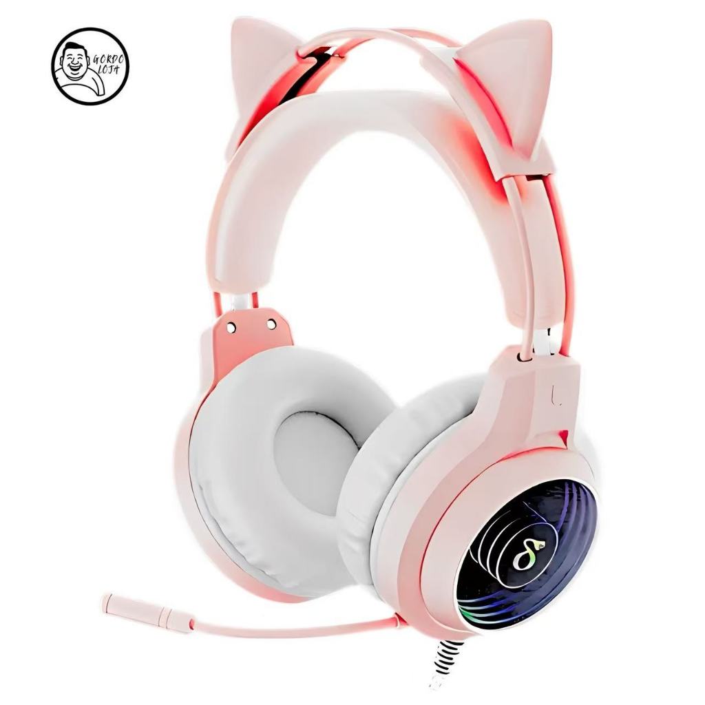 Fone De Ouvido Headset Gamer Gatinho Com Fio e Microfone RGB USB P2