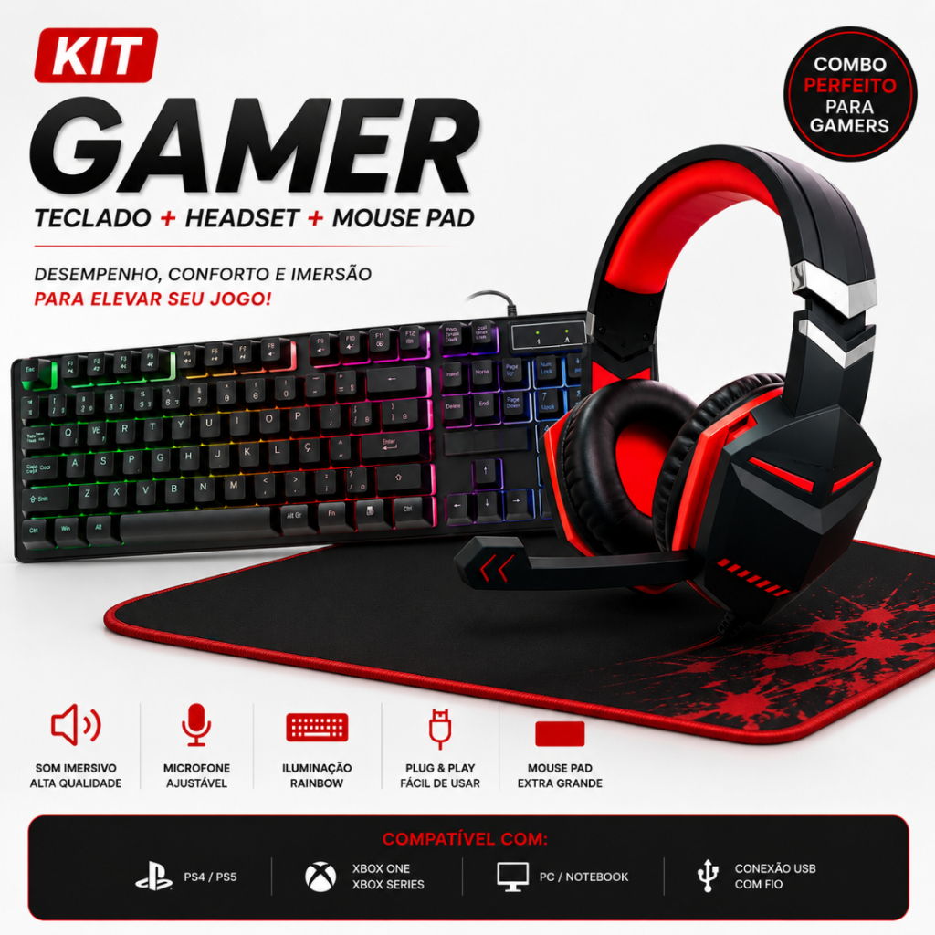 Kit Gamer Completo Teclado Mouse Led Rgb Mouse pad e Fone de ouvido Headset para Pc e mobilador Kit Gamer Completo Teclado Mouse Led Rgb Mouse pad e Fone de ouvido Headset para Pc e mobilador