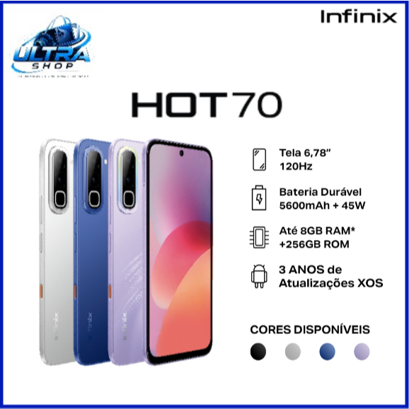 Smartphone Infinix HOT 70 4G 256GB de Armazenamento 8GB* RAM Bateria 5600mAh NFC 120hz IA celular Smartphone Infinix HOT 70 4G 256GB de Armazenamento 8GB* RAM Bateria 5600mAh NFC 120hz IA celular