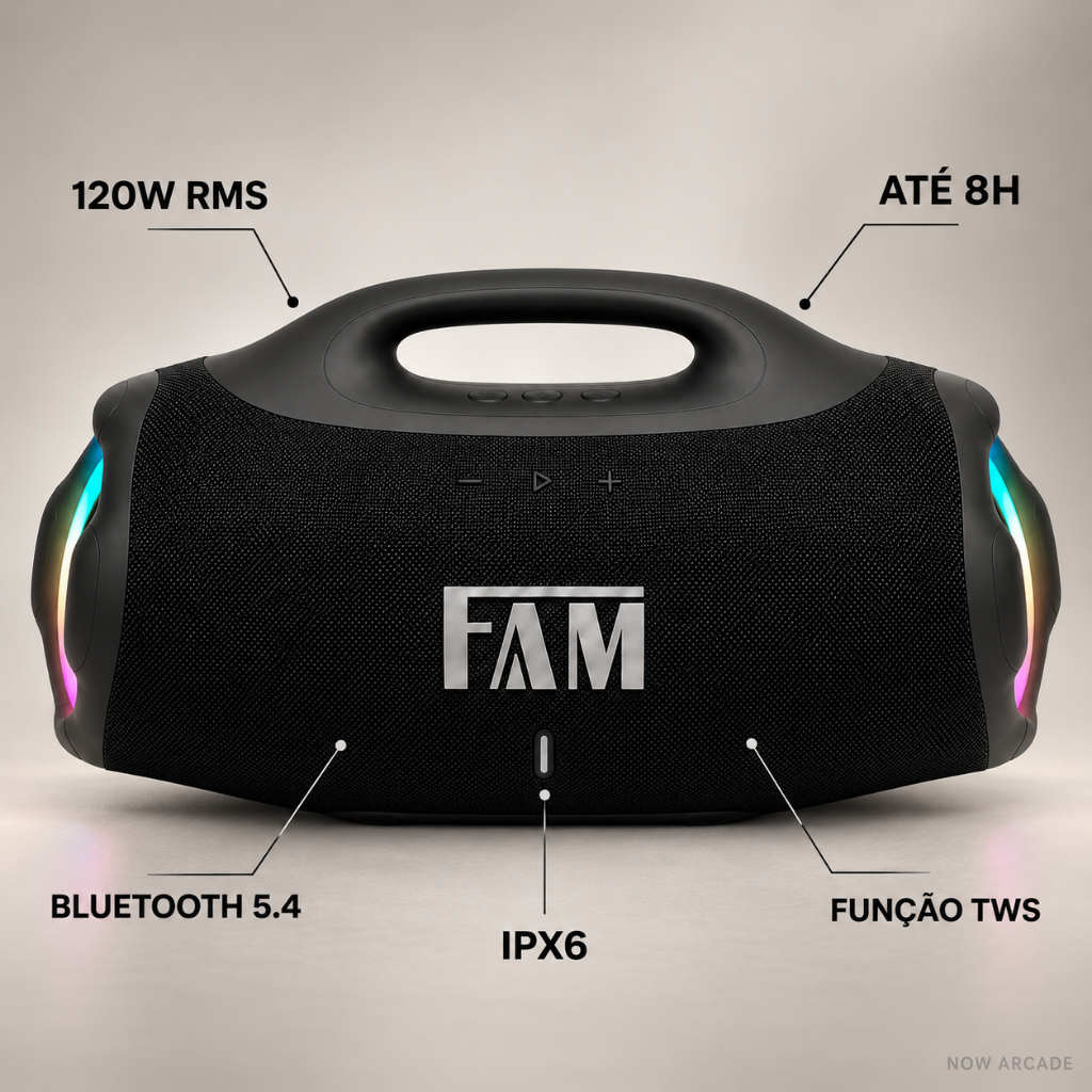 Caixa de Som Bluetooth FAM Storne 120W Potente com LED, Bateria Recarregável e Som de Alta Qualidade