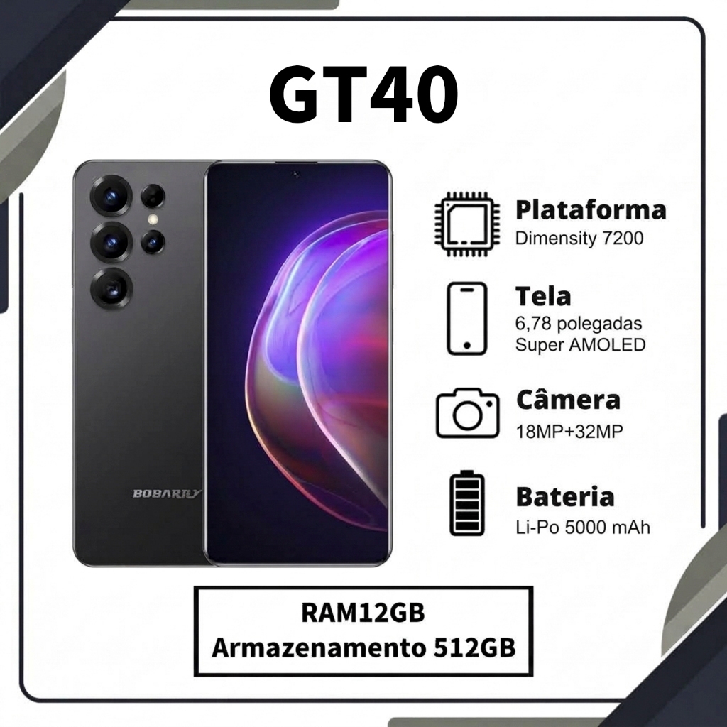 Smartphone GT40 Android 15, 12GB+512GB, 5500 mAh, HD, 5G, dual-SIM Celular oficial Exclusivo para jogos Smartphone GT40 Android 15, 12GB+512GB, 5500 mAh, HD, 5G, dual-SIM Celular oficial Exclusivo para jogos