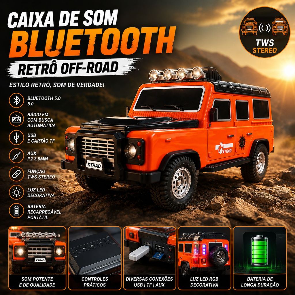 Caixa de Som Bluetooth Retrô Off-Road Portátil Recarregável com Rádio FM USB TF AUX TWS LED RGB Som Potente Vintage